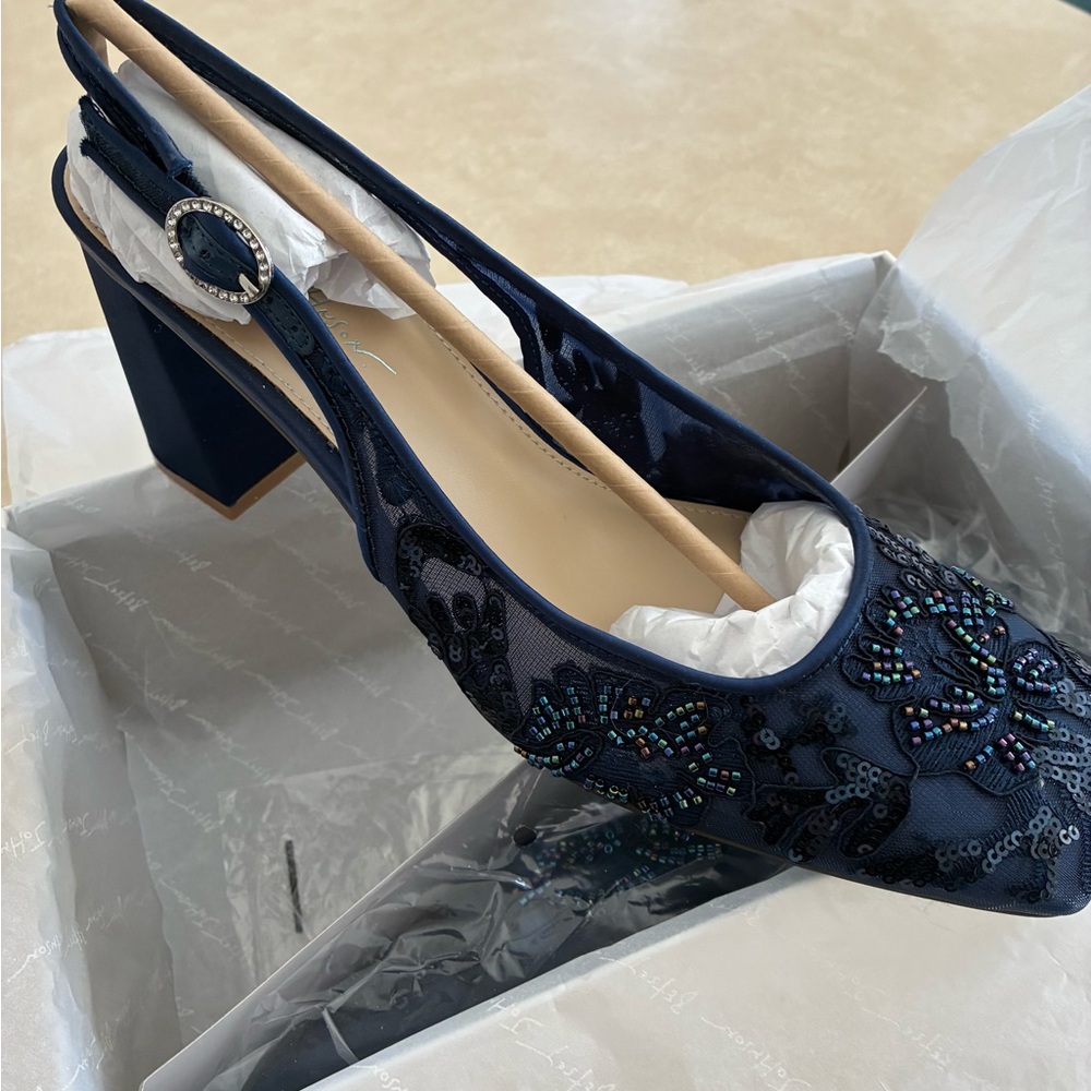 Betsey Johnson Navy Iridescent Beaded Floral Slingback Heels - Picture 6 of 9